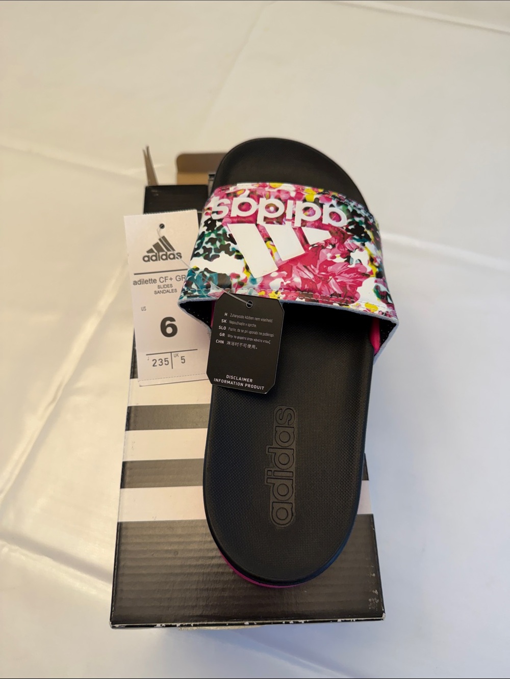 NEW IN BOX adidas Women's Black Slide Sandals with Pink Floral Strap - Picture 2 of 5